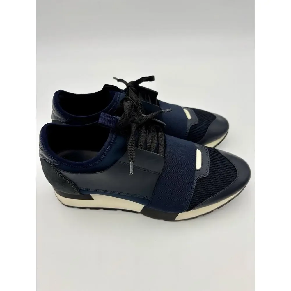 Authentic Balenciaga Race Runner Sneakers Navy Blue Black Elastic Size 8 38